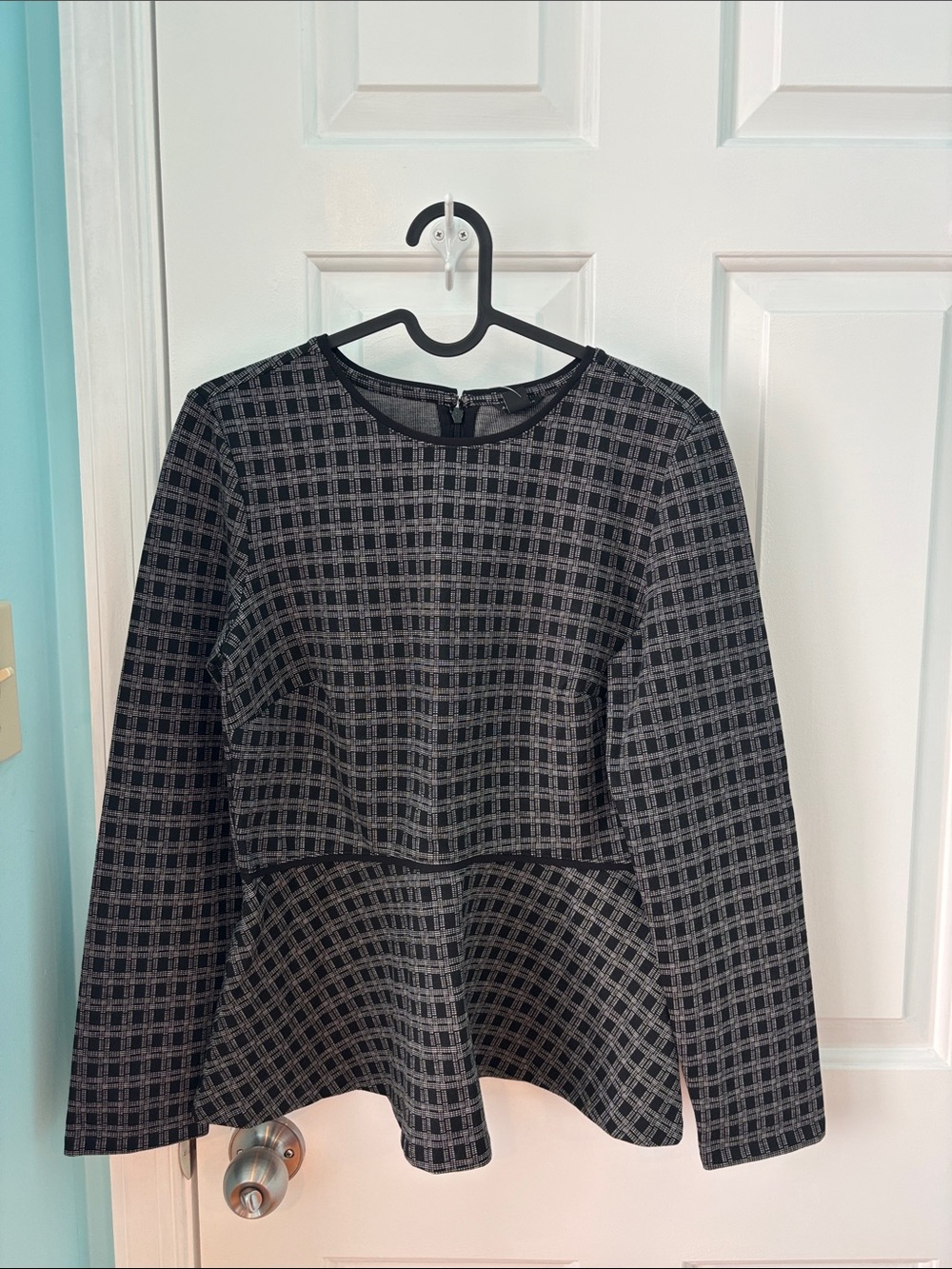 Black and Gray Plaid Peplum Long-Sleeve